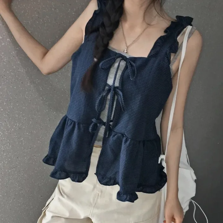 Women's New Denim Ruffle Spaghetti Strap Cami Top Front Tie Peplum Hem Loose Slimming Soft Breathable Versatile Sleeveless Vest