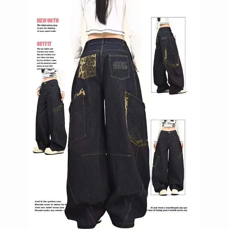 

American Leopard Print Patchwork Large Pocket Workwear Jeans Women Loose Wide Leg Floor-Length Pants Summer New Arrival
