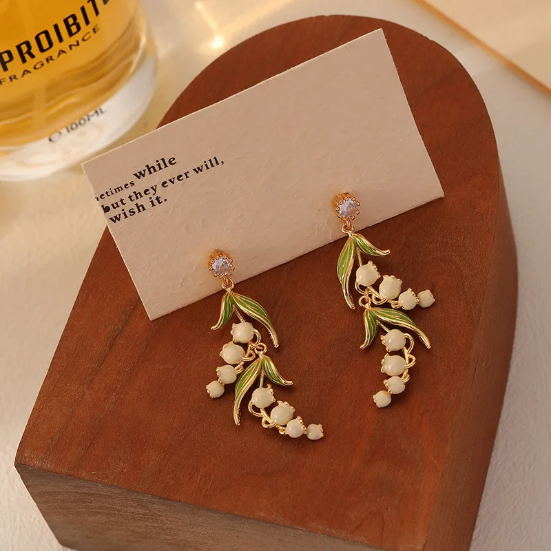 Lily Of The Valley Dangle Earrings For Women Vintage Enamel Gold Plated Long Drop Earrings Delicate Rhinestone Decor Fashion Jew
