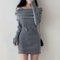Chic Korean Knitted Dress Slim Fit Shoulder Bared Strap Collar Ribbed Short Skirt Wrap around Bodycon Style for Autumn Winter
