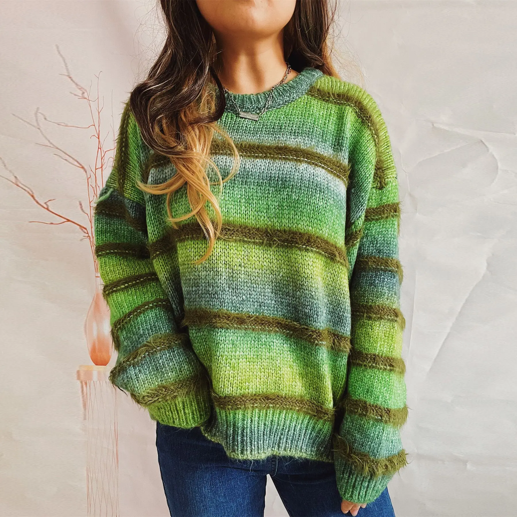 Frau Kleidung Pullover Pullover Neue Mode Herbst Winter Regenbogen Gestreifte Gestrickte Weibliche Rundhals Langarm Pullover Pullover