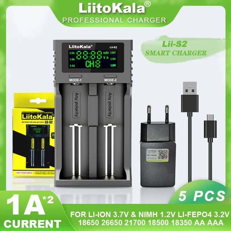 

5 шт. Liitokala Lii S2 LCD 3,7 V 3,2 V 18650 18350 18500 21700 26650 AA 1,2 V NiMH перезаряжаемые литиевые аккумуляторные зарядные устройства оптом