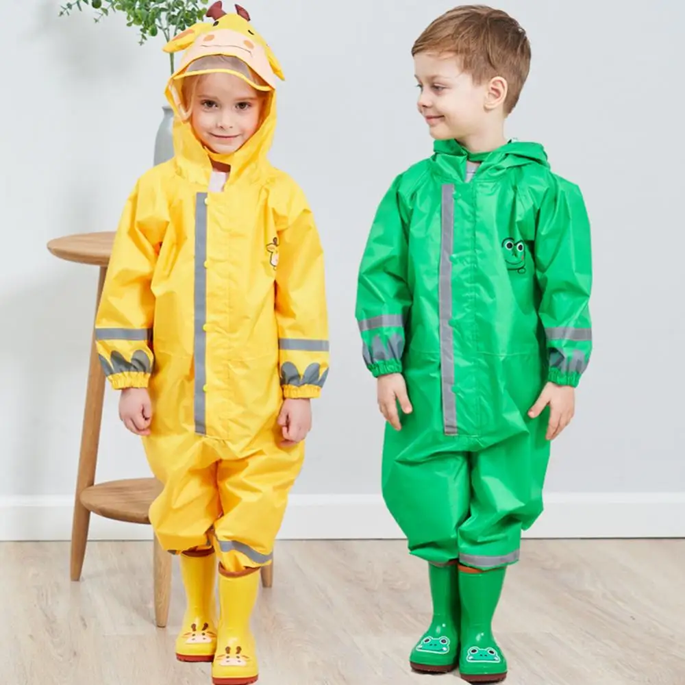 Boy Girl Cute 3D Cartoon Animal Print Waterproof Hooded Raincoat Long Sleeve Zipper Hooded Poncho Outdoor Children\'s Raincoat