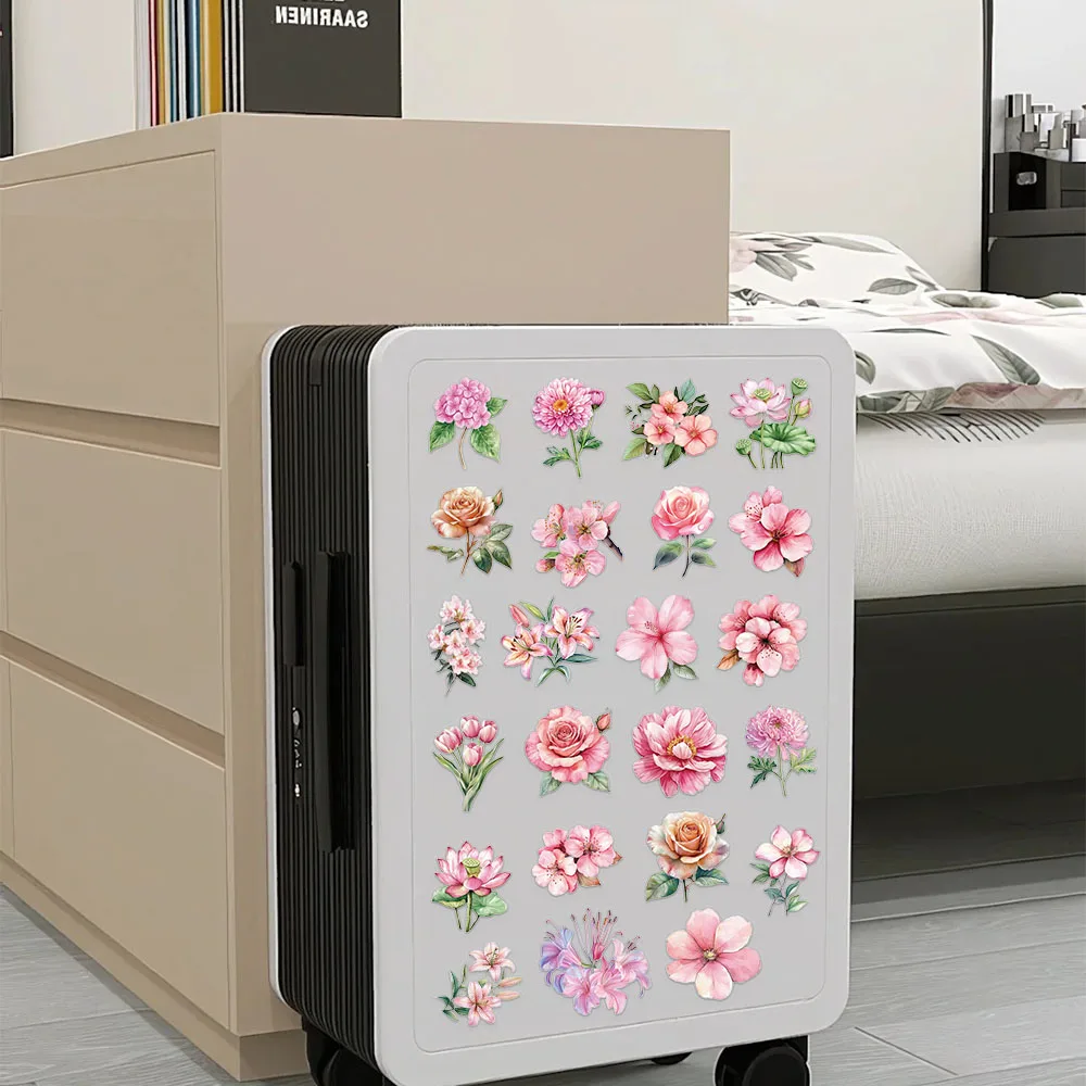 50PCS Transparente Rosa Blumen Aufkleber Cartoon Dekorieren Aufkleber Für Koffer Lagerung Box Laptop Notebooks Telefon Aufkleber