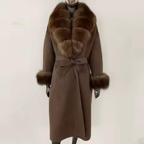 GENHUA Wool Coat Women 2025 Autumn Winter Real Fox Fur Jacket Female Long Warm Natural Fox Fur Collar Fur Cuffs Coat Woolen Coat