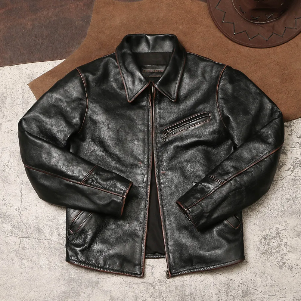 1930 Vintage Distressed Genuine Leather Jacket, Hard Tea Core Cowhide Short Lapel Slim Genuine Coat for Autumn Winter