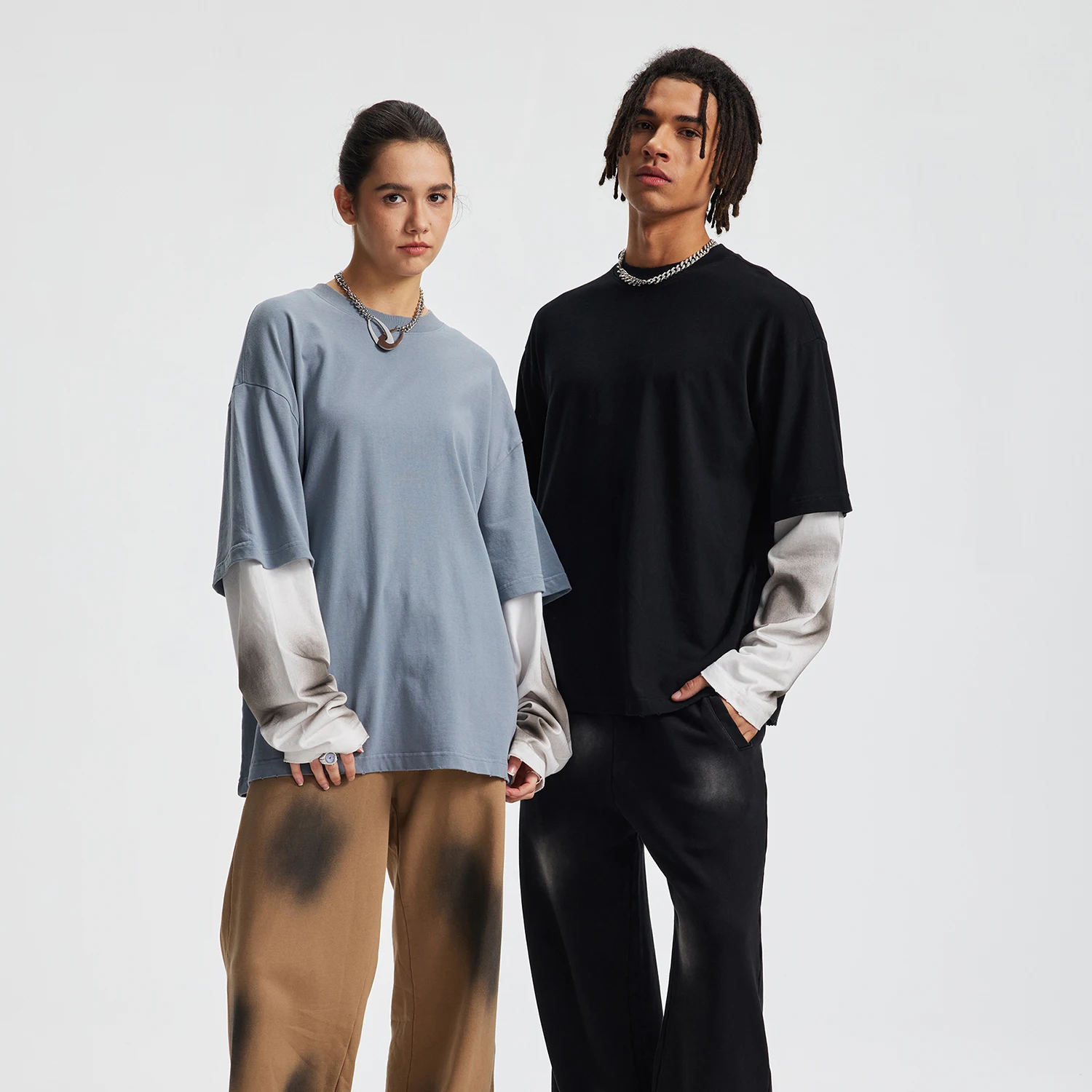 2025 Autumn/Winter Spray Painting Coloblocked Cotton Long Sleeved T-shirt Oversized Crew Neck Patchwork Fake Two-Piece Tshirt