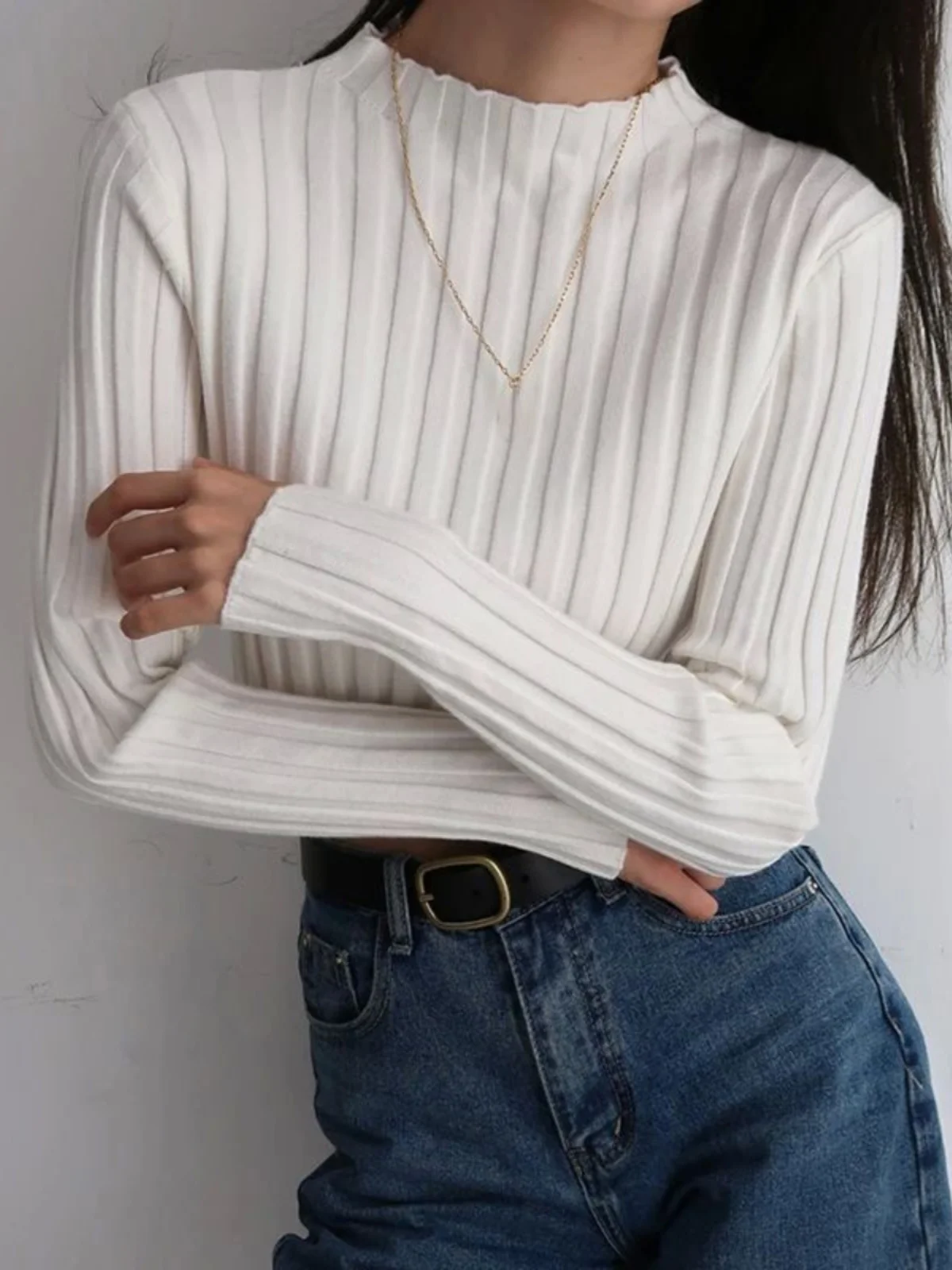 

Slim Fit Long Sve Pure Color Топ с воротником-стойкой Street Sle Повседневный удобный материал Женский модный осенний топ