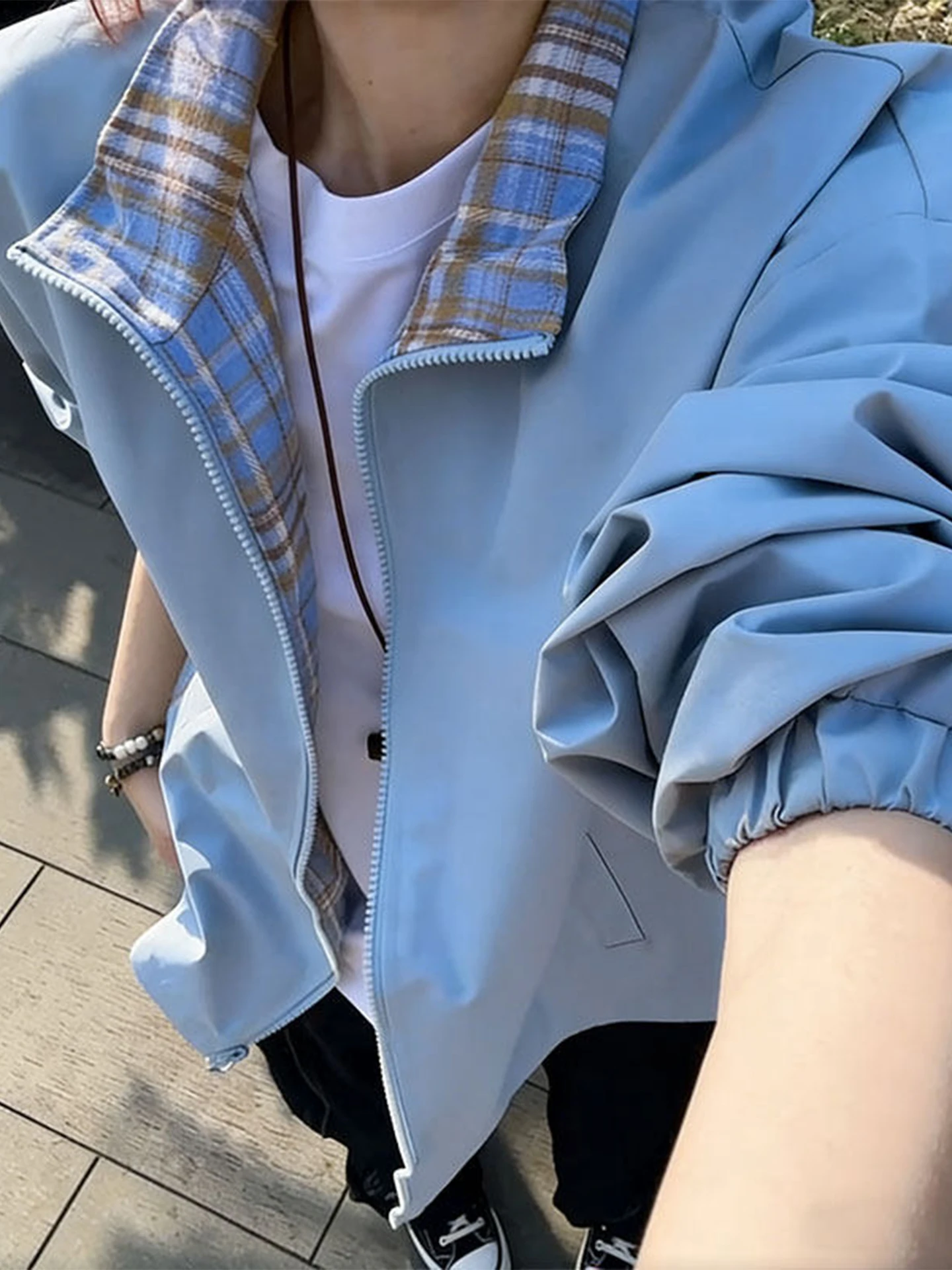 Cleanfit Blue Plaid Patchwork Jacket Men's Spring Autumn American Three-Proof Flight Jacket Loose Fit Youth Fashion Polyester...