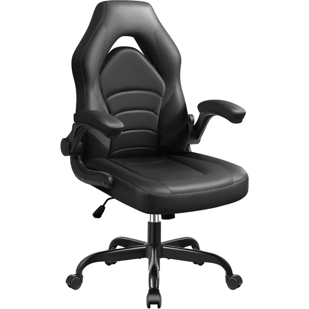 

Gaming Chair, Leather High-Back Home Office Desk Chair with Flip-Up Arms, Ergonomic Padded Rolling Wheels Swivel Tilt Gamer