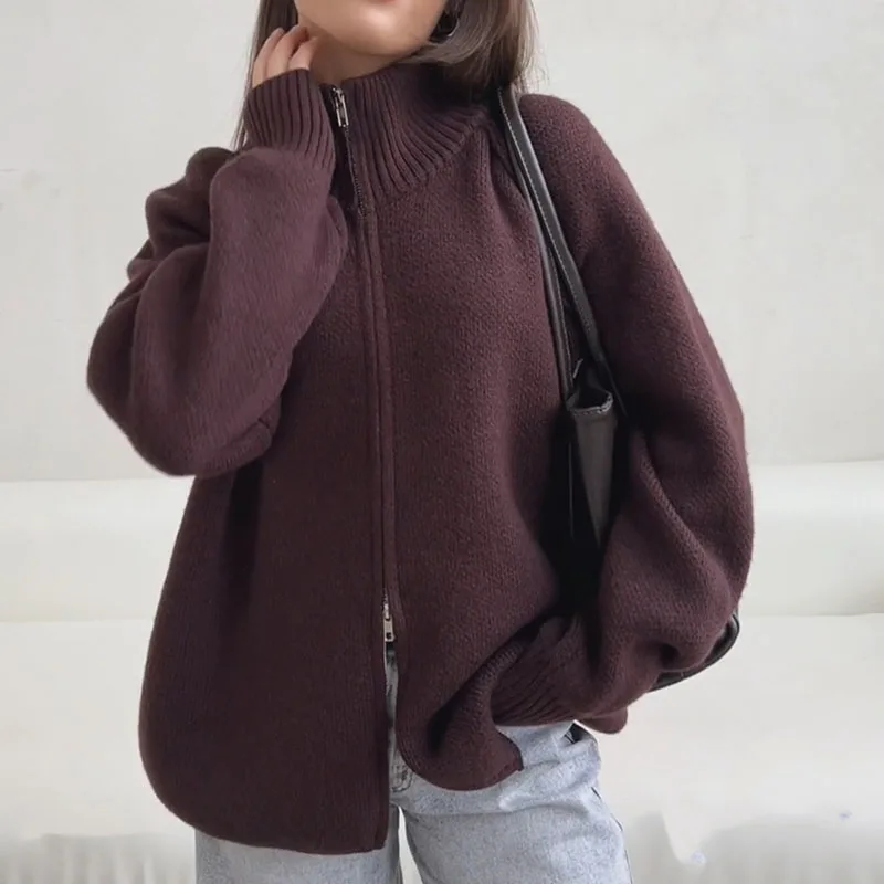 

Осень-зима, повседневное мягкое вязаное пальто, женское модное однотонное пальто на молнии, элегантное пальто, свободные кардиганы с длинными рукавами