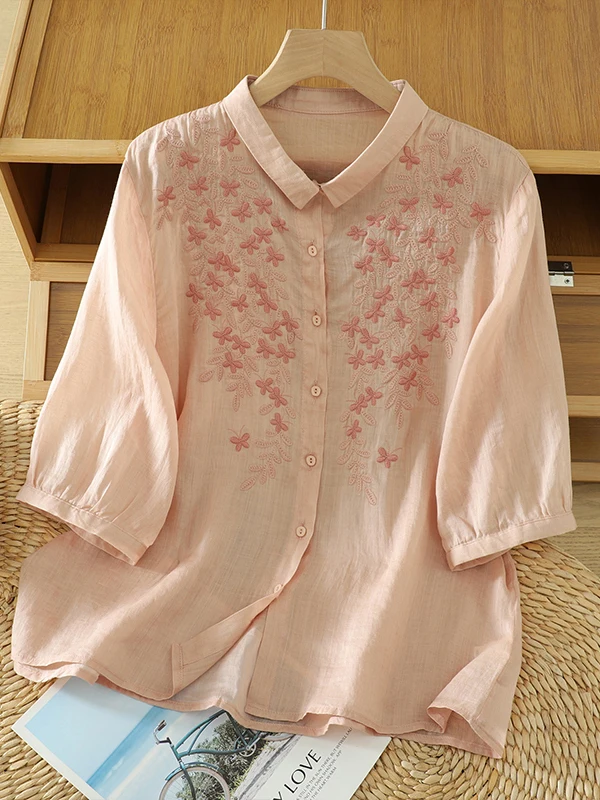 كتان مطرز غير رسمي irt رقيقة ort Sve بدوره إلى أسفل طوق زر متابعة المرأة حجم كبير الصيف irt الفني Sle #3