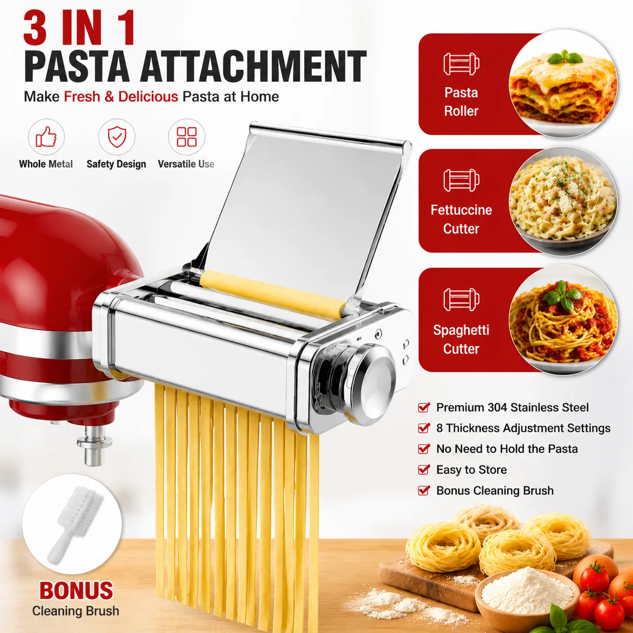 

Stainless Steel 3in1 Pasta Attachment for KitchenAid Mixer with Roller Spaghetti Fettuccine Cutters Food Grade for Noodles