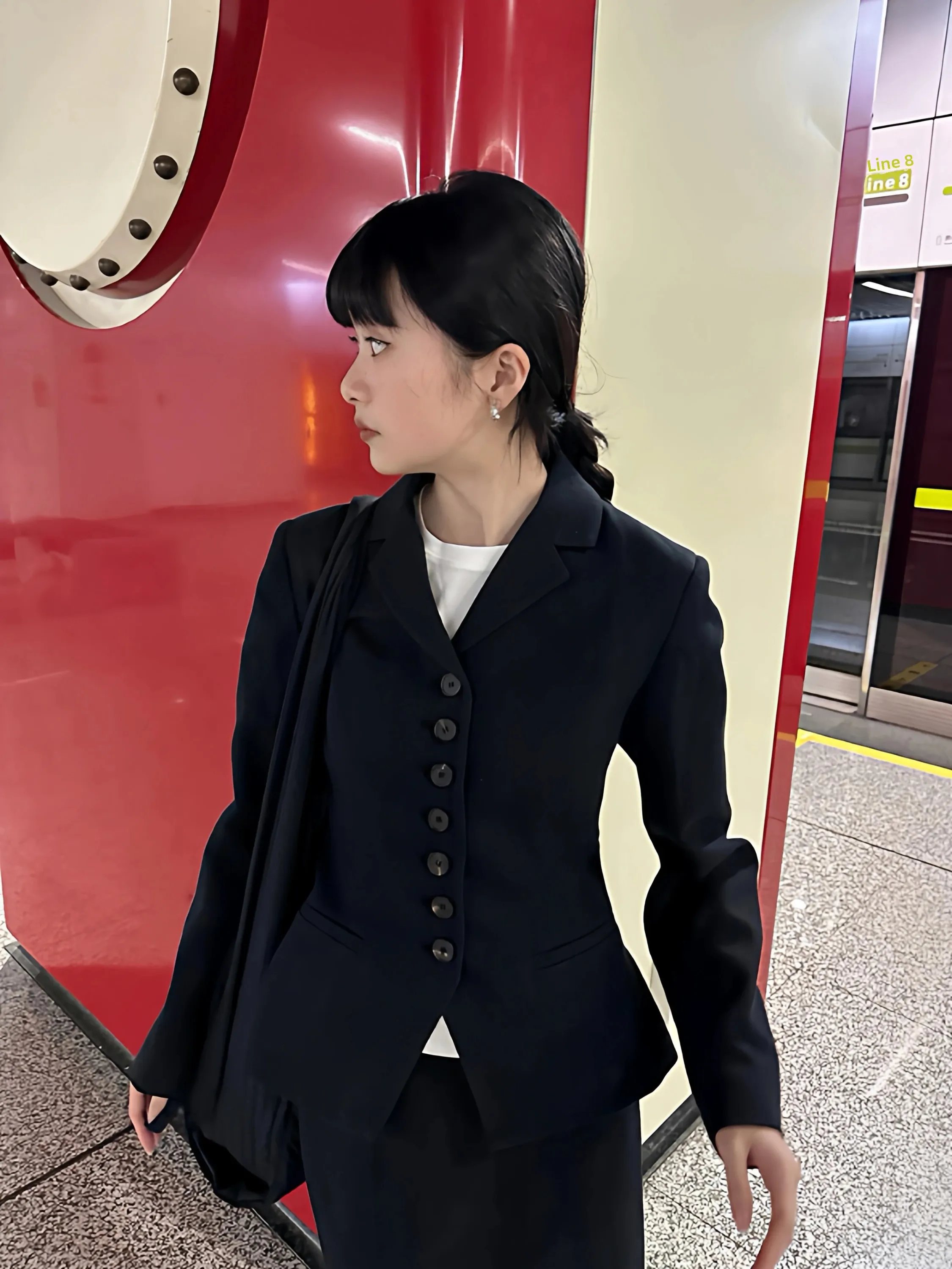 Black High Waist Tailored Suit Jacket Women's Fashion Commute Style Slimming Suit Set with mid Skirt Button Detail Polyester