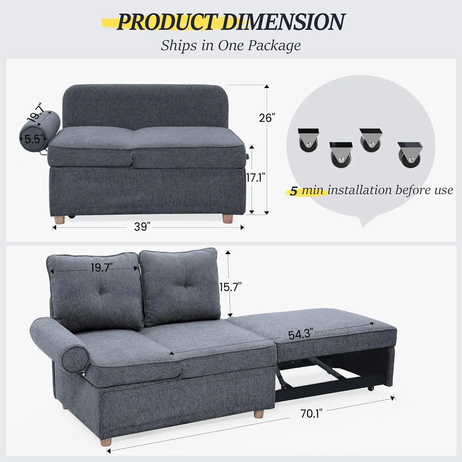 Sleeper Sofa Bed 4-in-1 Convertible Couch, Linen Fabric Love Seat Couch with 2 Throw Pillows, Single Recliner for Small Space wi