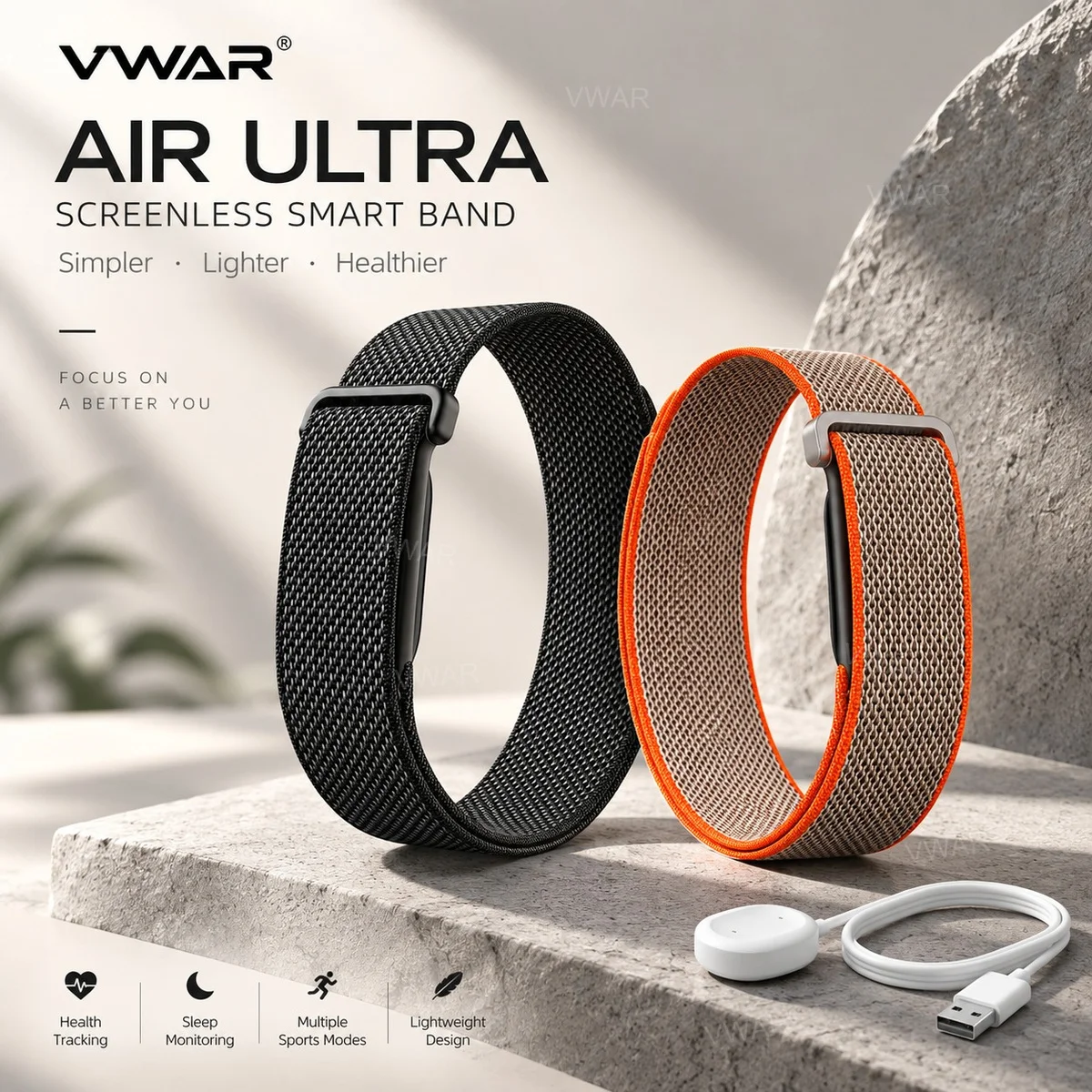 VWAR Air Ultra Monitor de Atividade Física Sem Tela, Monitor de Frequência Cardíaca e Oxigênio no Sangue 24h, Pulseira Inteligente de Saúde, Relógio E