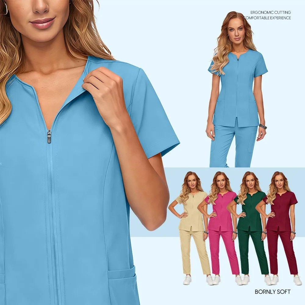 

Summer Elastic Anti-wrinkle Surgical Uniform Dentist Clinical Uniform Women's Jogger Suit Medical Scrub Top Pant With Pocket