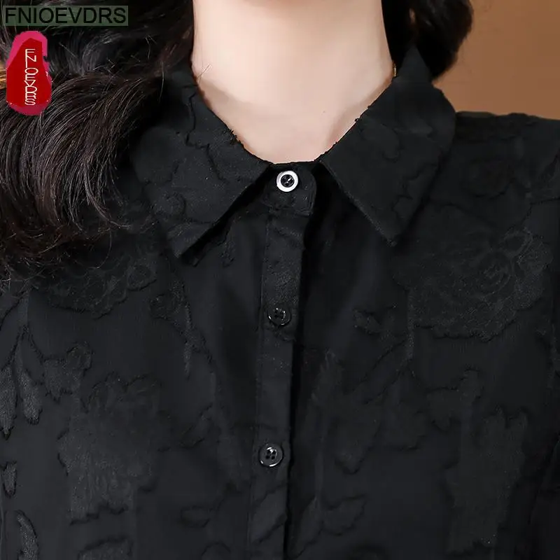 M-5XL 2023 Women Summer Short Sleeve Elegant Office Lady Work Button Shirt Casual Tunic Black Lace Tops And Blouses