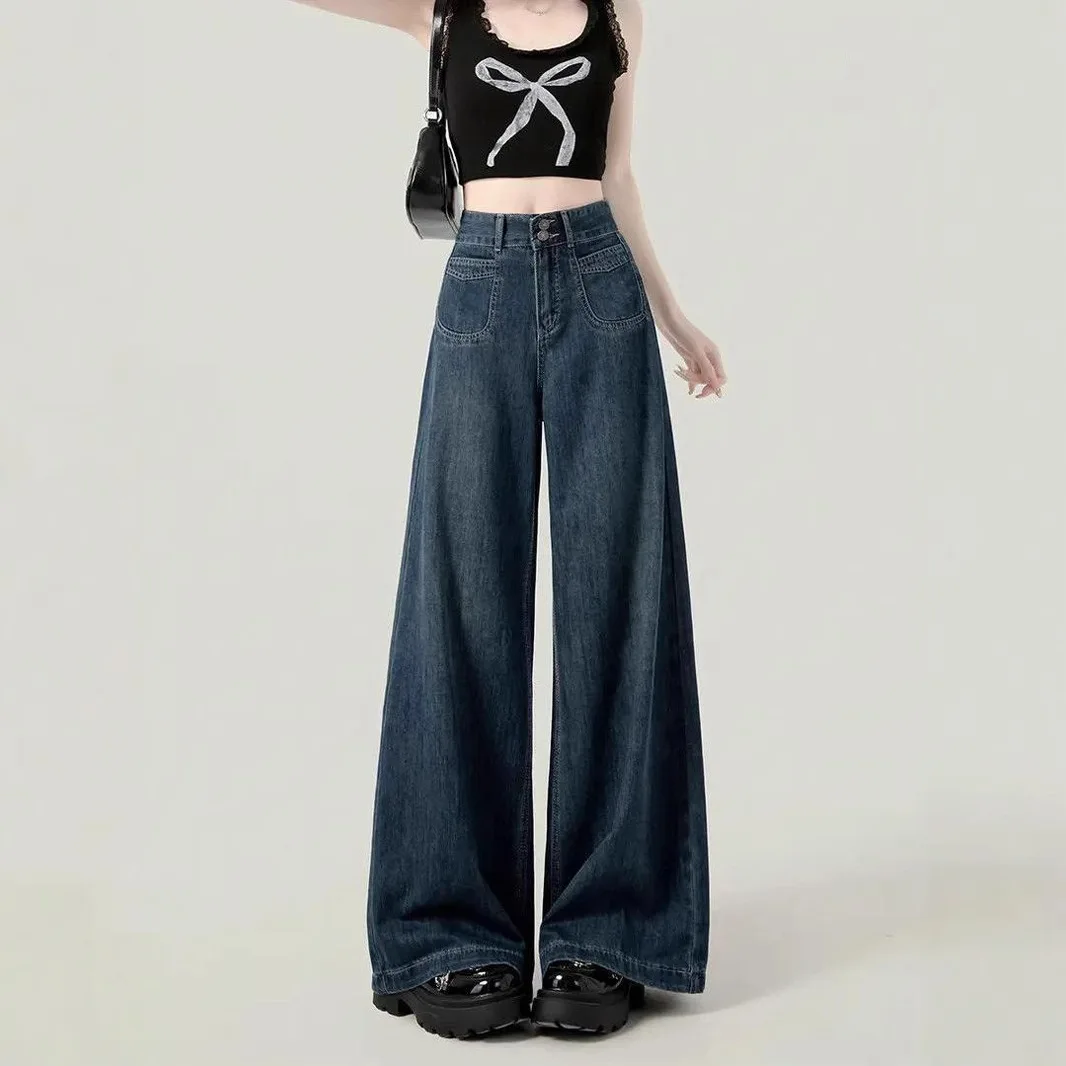 Vintage Comfortable Casual Wide-leg Jeans for Women, Summer New Style High-waisted Loose-fitting Slimming Versatile Floor Lengtr