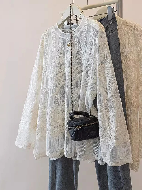 

Embroidered Lace Chiffon Base Shirt Women's Spring New plus Size Mid-Length Korean Style Loose Fit Long Sleeve round Neck Top