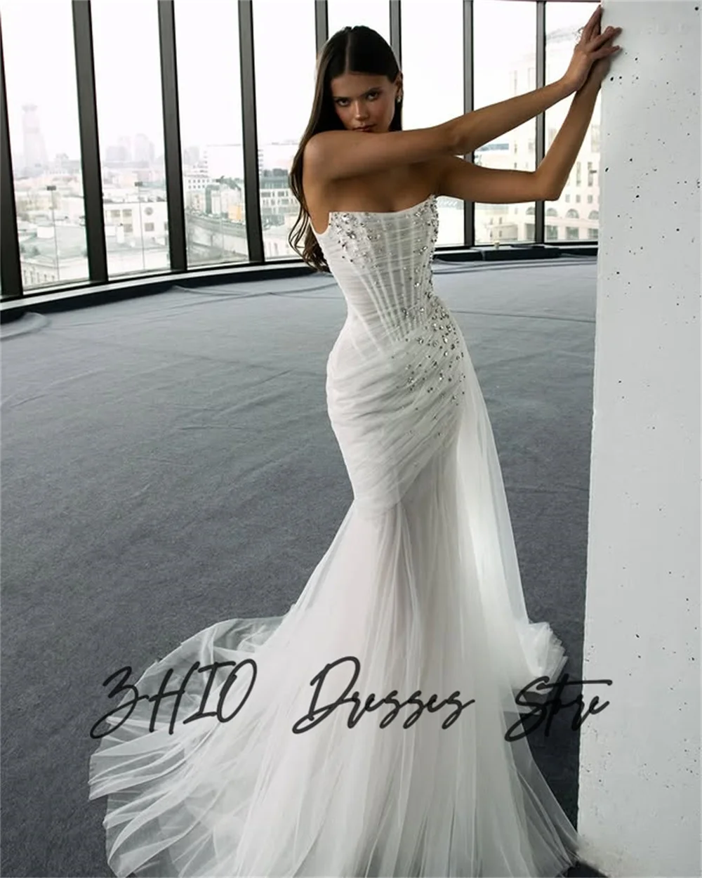 ZHIO فستان زفاف مثير مطرز بدون حمالات سويب تراين تول طول الأرض فساتين زفاف مخصصة فيستدوس دي نوفيا