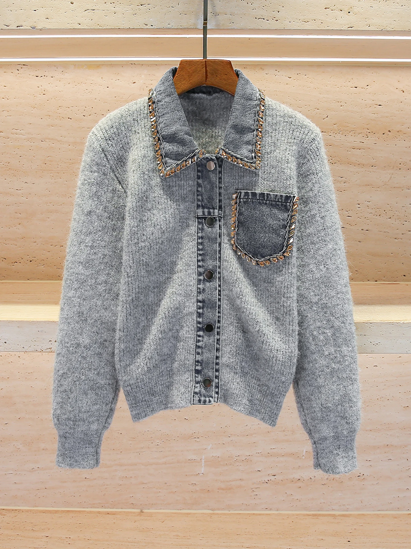 الراقية المرأة الدنيم سترة مشغولة من الصوف معطف مع حجر الراين طوق الخريف الشتاء Faion Ele تخفيف Sle المتوسطة Softn