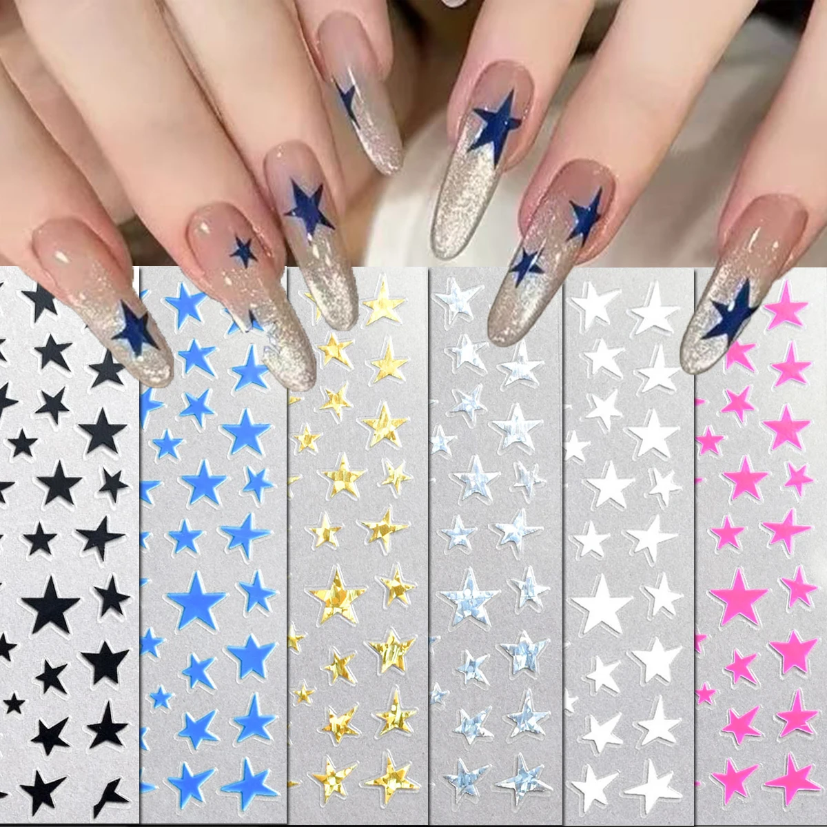 3d Nail art Stickers y2k Irregular Black White Blue Pink Gold Silver Stars Nail Decals For Nail Decorations Manicures Beauty