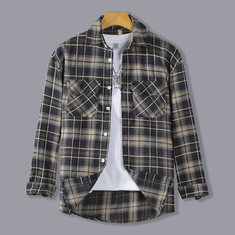 

Fashionable Plaid Long Sleeve Shirt Men's Autumn 2024 New Style Color Block Versatile Outerwear Youth Polyester Fiber