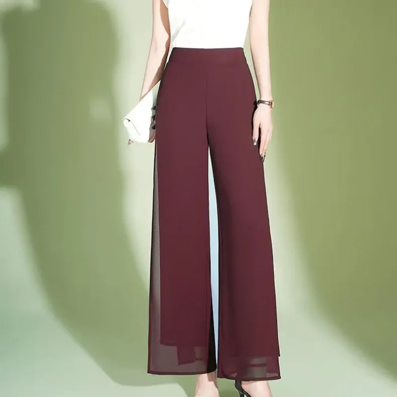 Summer Double Layer Chiffon Wide Leg Pants Women's Fashion Solid Elastic High Waist Button Korean Loose Split Straight Trousers