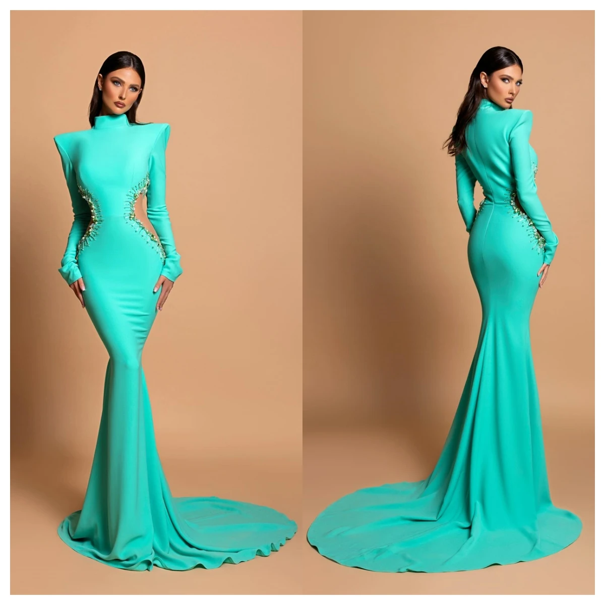 

Customized Luxury Turquoise Jersey Evening Dress High Collar Mermaid Long Sleeves Bridal Party Crystal Special Occasion Gowns