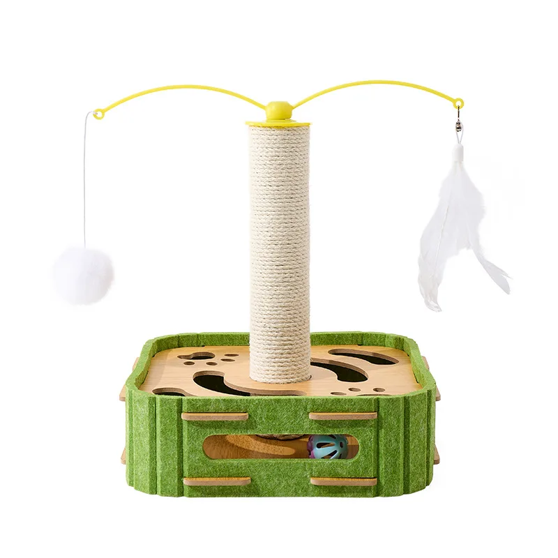 Wooden Cat Scratcher Cat Toy with Sisal Post Ball Track Interactive Play Center Indoor Pet Furniture