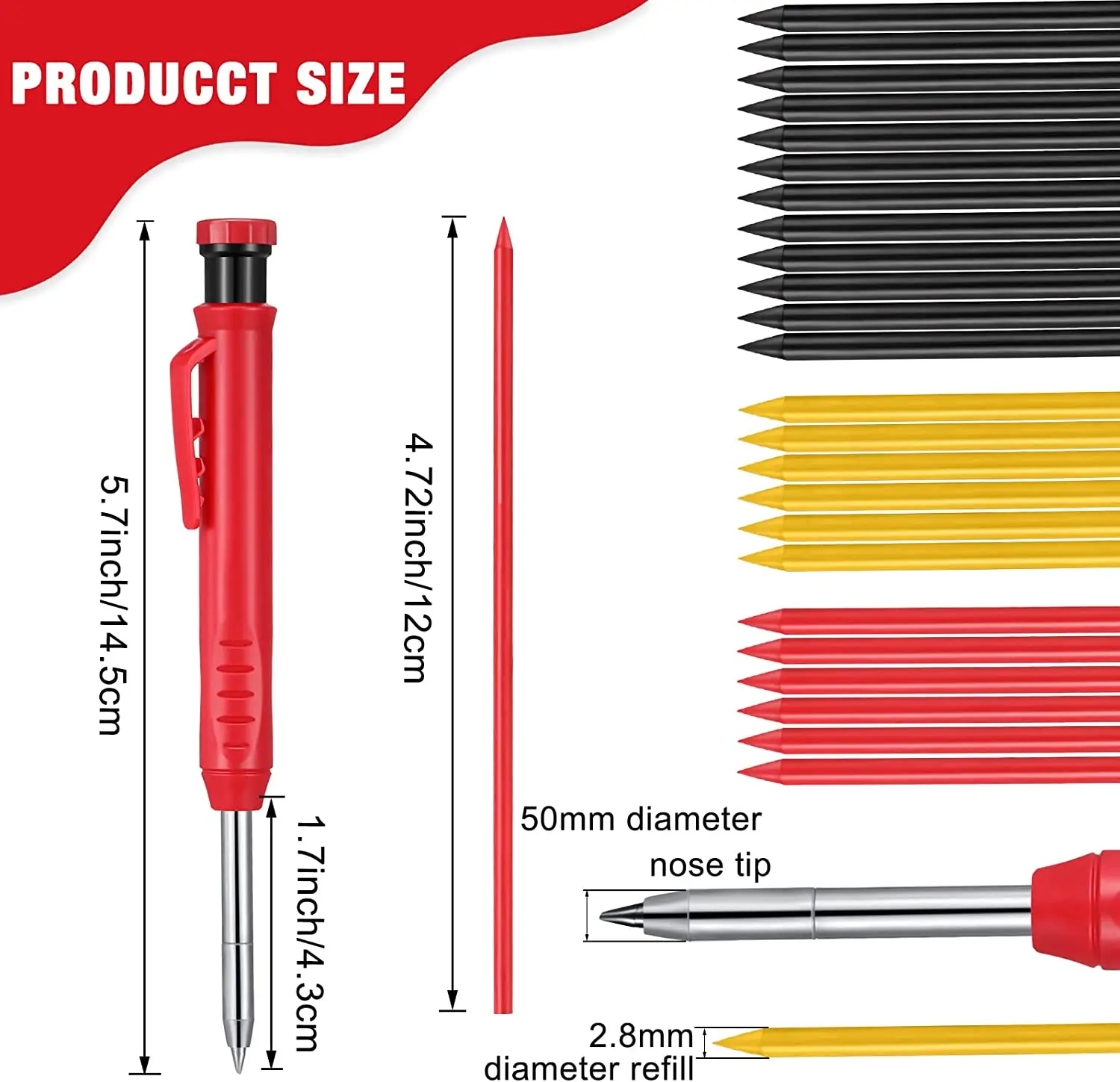 Mechanical Carpenter Pencil Set with Built-in Sharpener Long Tip Refillable Marking Pencils Heavy Duty Woodworking Tools