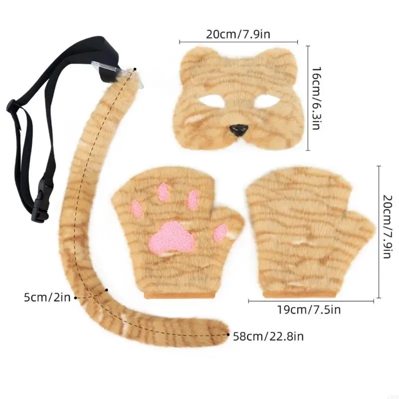 2025 New Therians Mask and Tail Gloves Halloween Cosplay Costumes Accessories Cats Mask Half Face Furs Foxes Tail Cats