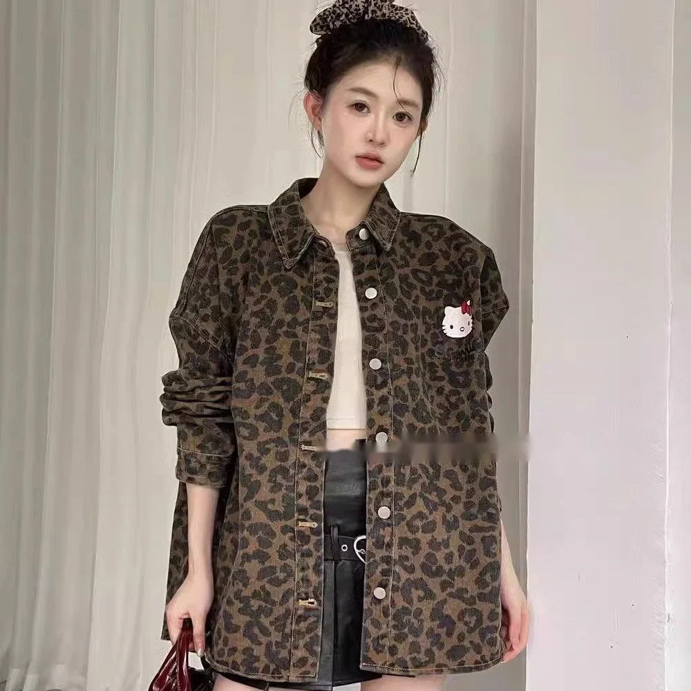 Sanrio Hello Kitty American Leopard Print Shirt Jacket Loose Design Niche Casual Versatile Jacket Korean Version Fashion Blouses