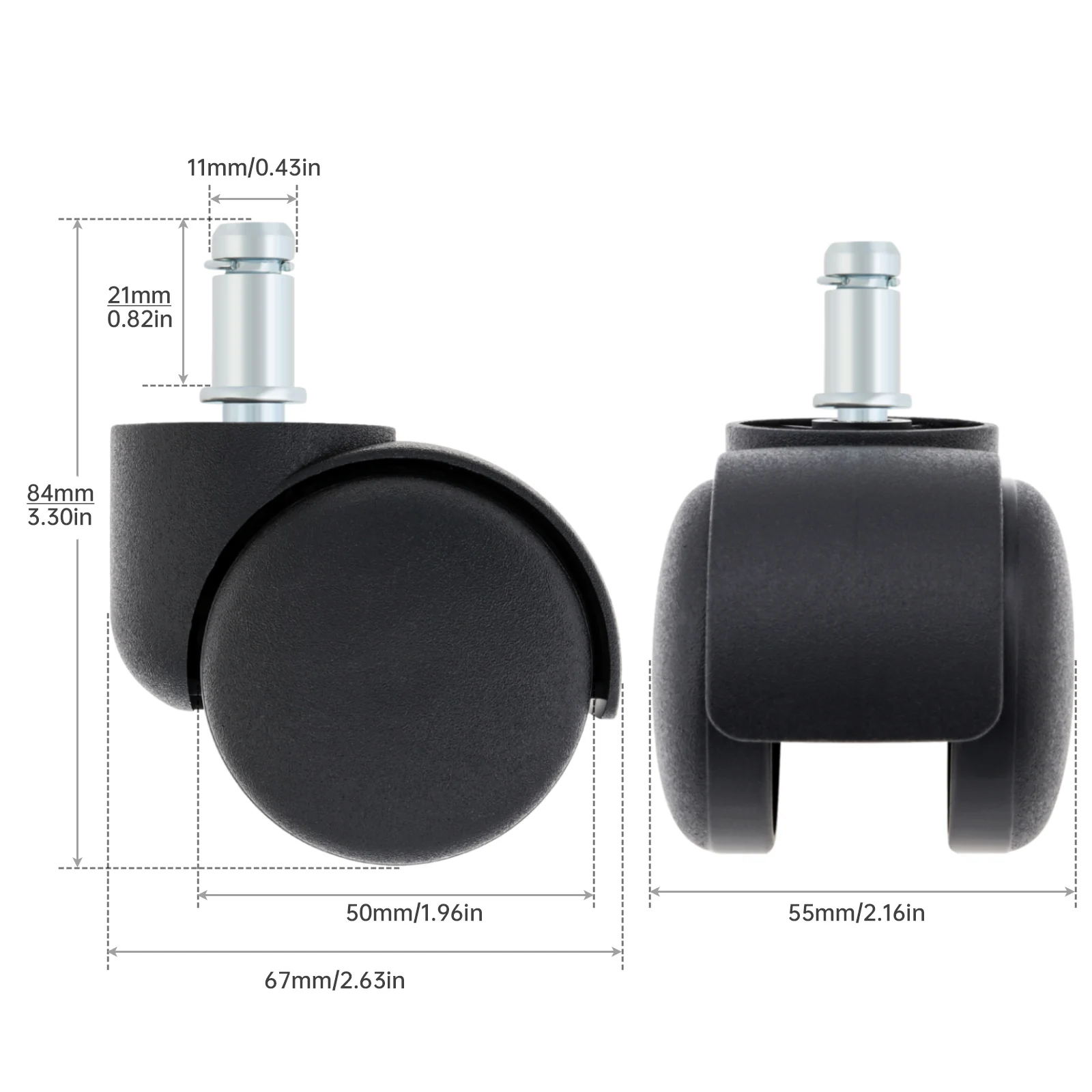 Universal Standard Size 2 inch Silent Plastic Casters Furniture Hardware for Computer Chairs, Black Stem Mount Caster Wheels