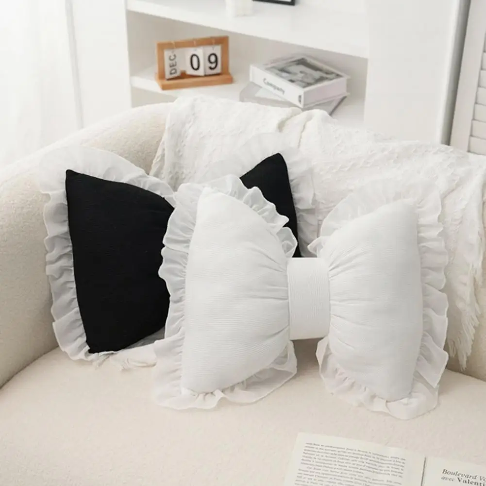 Almohada rosa en forma de lazo, decoración de encaje con volantes, almohada de relleno de algodón PP de felpa, almohada de apoyo para sofá, almohadas para asiento de coche