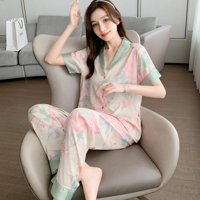 Spring New Ice Silk Pajamas Women\'s Short-sleeved Cardigan Satin Home Suit Sleepwear