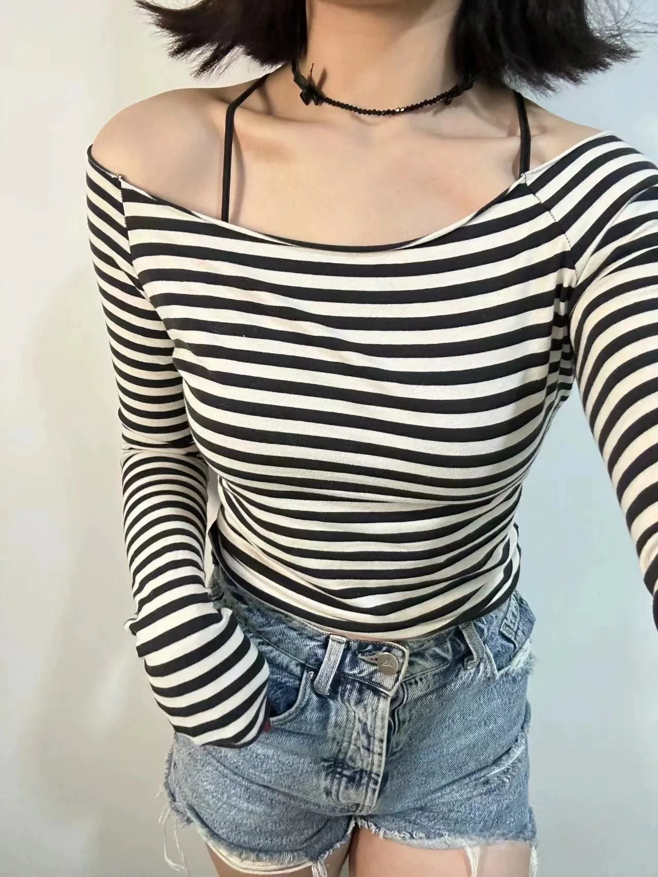 Sweet Women white Tank Top 2024 Fashion Summer Ladies Striped line shoulder off shoulder cotton long sleeve Female T-shirt top