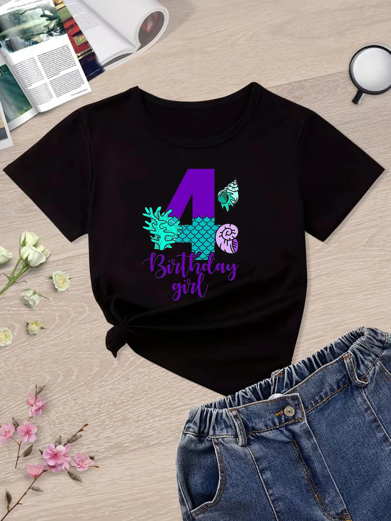 Custom Name Mermaid Graphic Birthday Girl T-Shirt, Coral Seashell Ocean Themed Birthday Outfit for Girls Birthday Party Tee Gift