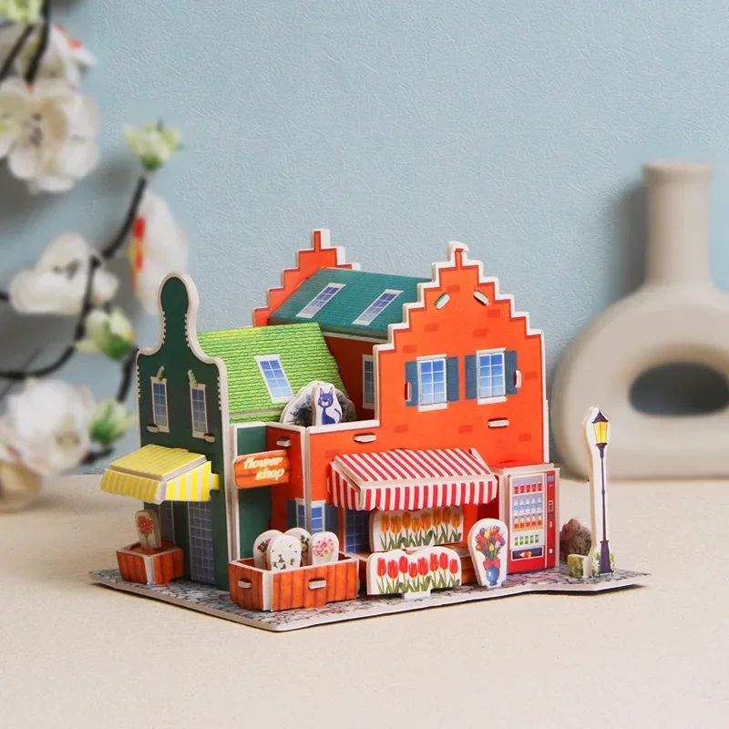 3D Exquisite Paper Puzzles Children\'s Handmade DIY Toys IceCream French-Hotel Flower-shop Supermarket  WL