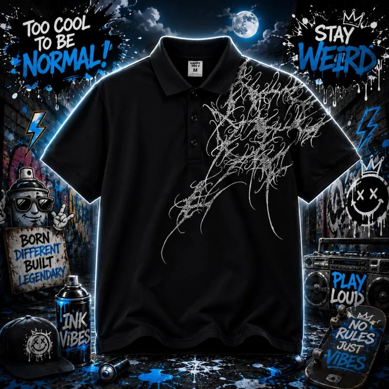 Y2K Goth Punk Oversized Polo Shirt, Streetwear Button Collar Top
