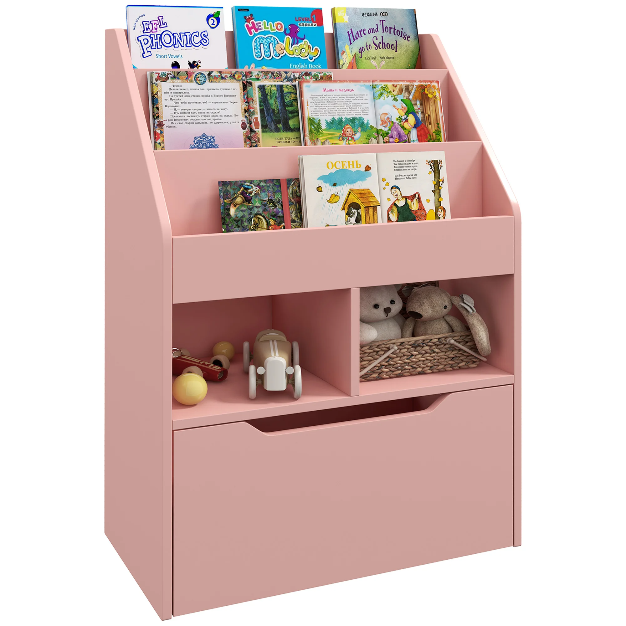 HOMCOM children's bookcase shelf with 3 compartments 2 cubes drawer and wheels