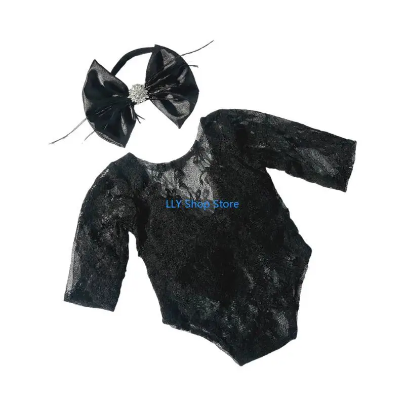 T8UD مجموعة رومبير دانتيل رومبير دانتيل رقيق مع عصابة رأس للتصوير الفوتوغرافي لحديثي الولادة تتضمن عصابة رأس للأطفال من عمر 0 6