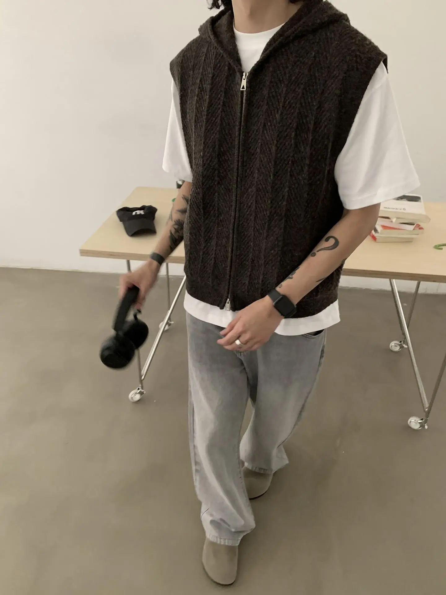 

Вязаный жилет на молнии с ретро-американским узором «Дерево», универсальный кардиган без рукавов для осени, молодежный трендовый, из полиэфирного волокна