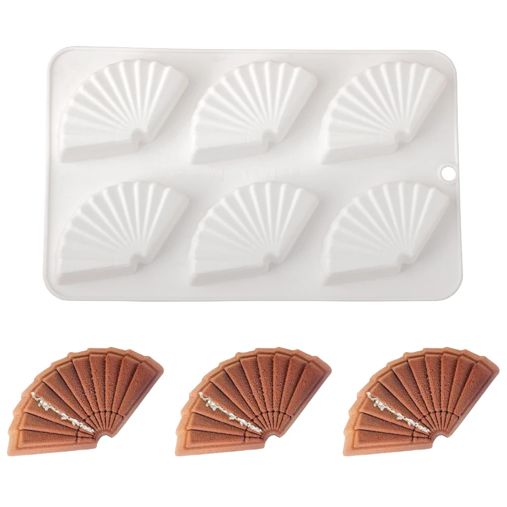Abanico plegable de estilo chino de 6 cavidades, molde de silicona para pastel de Mousse, pudín de Chocolate, postre, molde para hornear