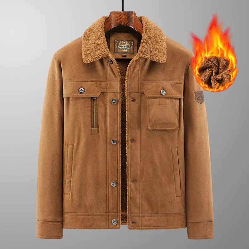 남성용 스웨이드 플리스 재킷 겨울 두꺼운 야외 작업복 캐주얼 라펠 양가죽 플리스 코트 트렌디하고 편안함