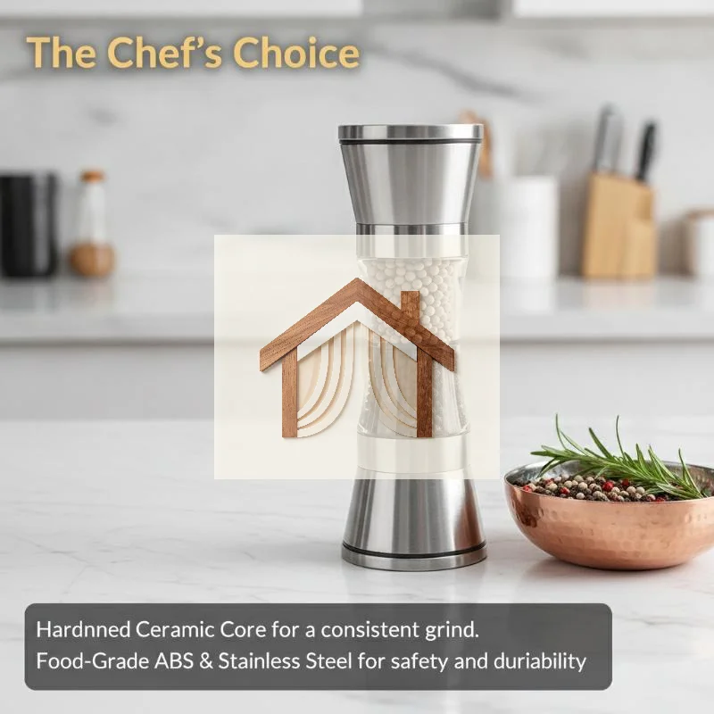 2-in-1 Salt Pepper Grinder Stainless Steel Double Head Manual Coarseness Adjustable Mill for Small Apartment Kitchen Use