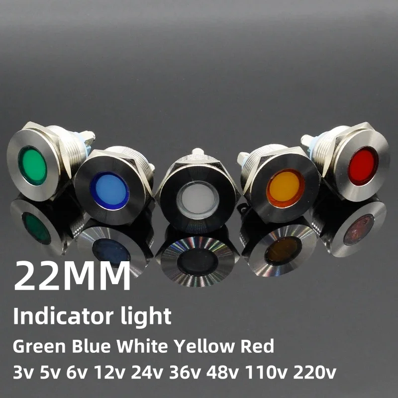 1pc LED Metal Indicator light 22mm flat round Signal lamp 3V 6V 12V 24V 220v screw connect red yellow blue white blue