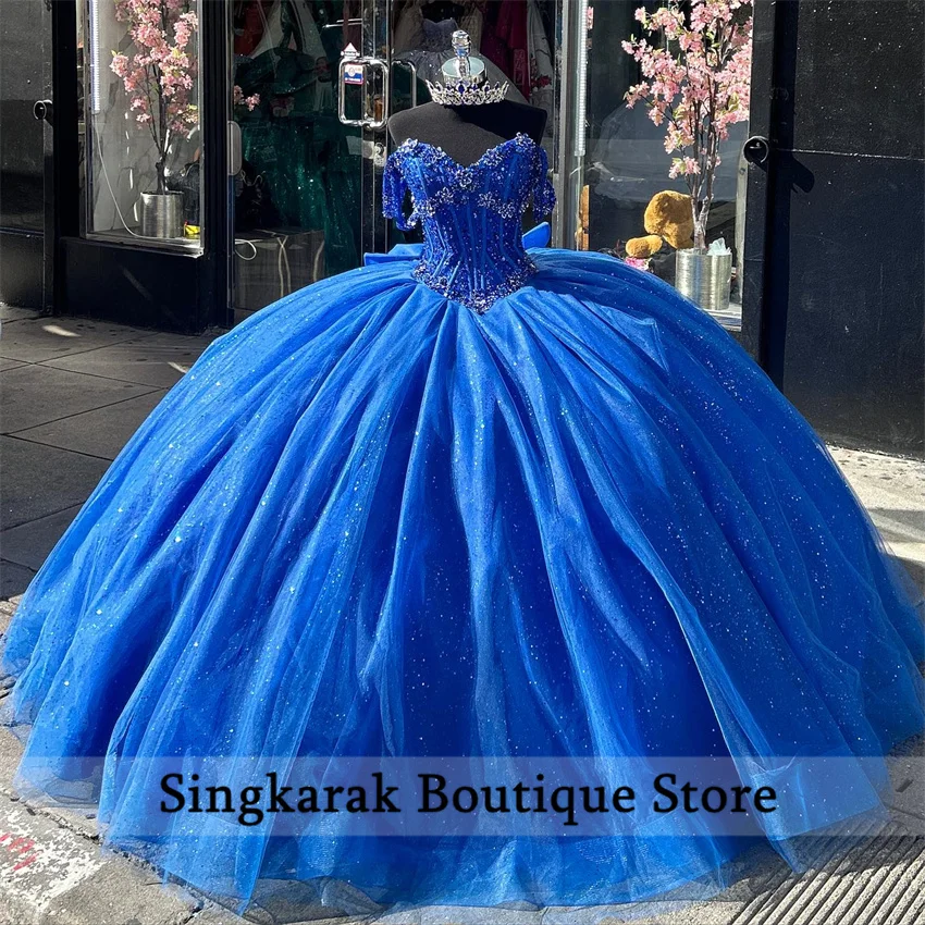 Funkelnde königsblaue Quinceanera-Kleider mit Perlen, Kristallen und Schleife, Ballkleid, Geburtstagskleid, Vestidos de 15 Años, individuell gestaltet
