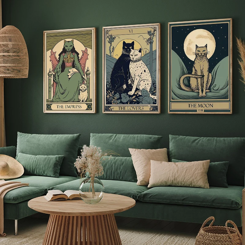 Cat Tarot Card Boho Witchy Cat Lover Gifts Posters Wall Art Pictures Canvas Painting Living Room Bedroom Home Decor Gifts